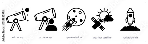 A set of 5 space icons as astronomy, astronomer, space mission