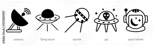A set of 5 space icons as antenna, flying saucer, sputnik