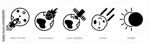 A set of 5 space icons as space mission, earth meteor, earth satellite