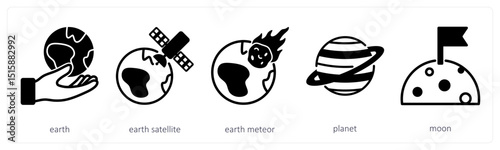 A set of 5 space icons as earth, earth satellite, earth meteor