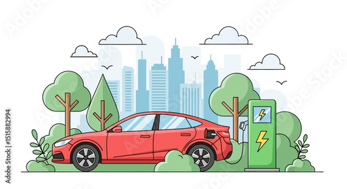 Modern flat vector illustration of an electric car charging at a station amidst a green city landscape. Emphasizes eco-friendly transportation and sustainable urban living