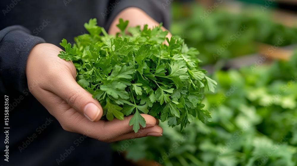 Fresh Parsley Bunch Held in Hands Close Up Shot Green Herb in Person's Palms Fresh Parsley Bunch Held in Hands Close Up Shot Green Herb in Person's Palms