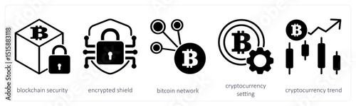 A set of 5 cyrptocurrency icons as blockchain security, encrypted shield, bitcoin network 