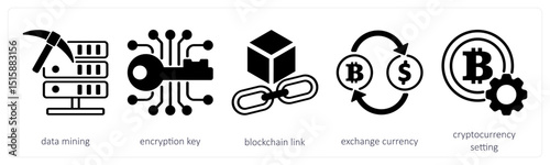 A set of 5 cyrptocurrency icons as data mining, encryption key, blockchain link