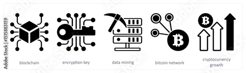 A set of 5 cyrptocurrency icons as blockchain, encryption key, data mining 