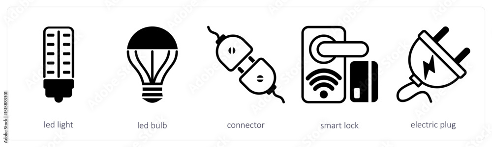 A set of 5 device icons as led light, led bulb, connector