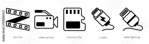 A set of 5 device icons as led strip, video camera, memory chip