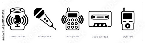 A set of 5 device icons as smart speaker, microphone, radio phone