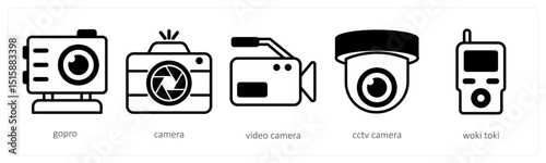 A set of 5 device icons as gopro, camera, video camera