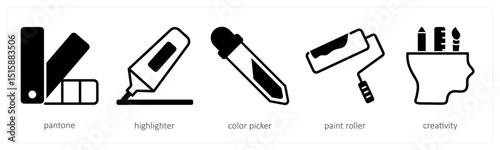 A set of 5 design icons as pantone, highlighter, color picker