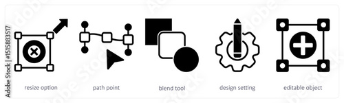 A set of 5 design icons as resize option, path point, blend tool