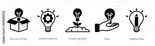 A set of 5 design icons as idea out of box, creative process, creative growth