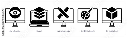 A set of 5 design icons as visualization, layers, custom design