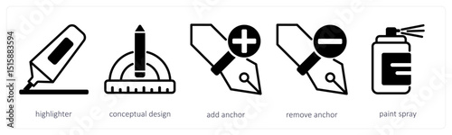 A set of 5 design icons as highlighter, conceptual design, add anchor