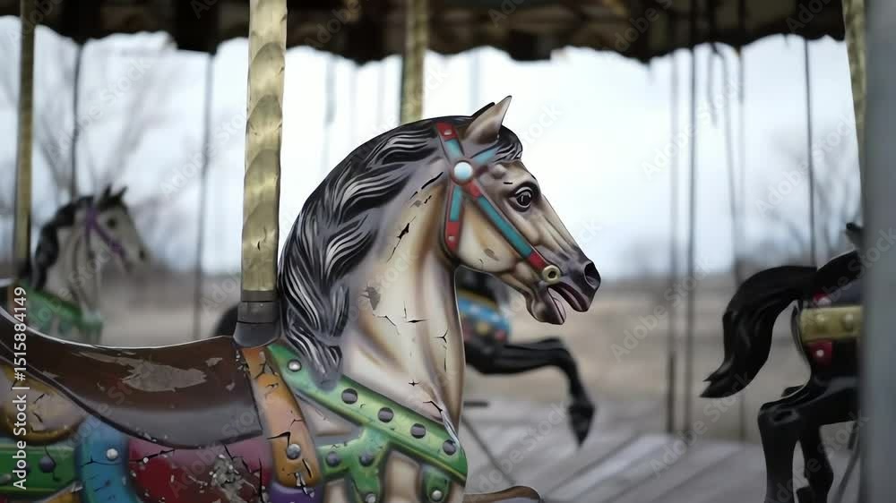 Close up of a weathered decaying carousel horse with cracked paint on an abandoned merry go round outdoors
