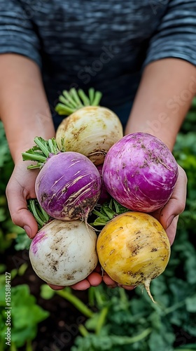 Farmer's Hands Holding a Harvest of Colorful Turnips Fresh Organic Vegetables from the Garden