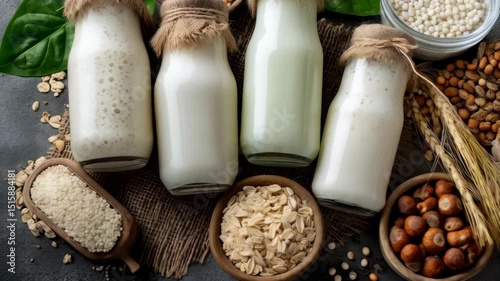 Assorted vegan plant-based milk in glass bottles with various grains and nuts on dark surface, plant based nutrition
