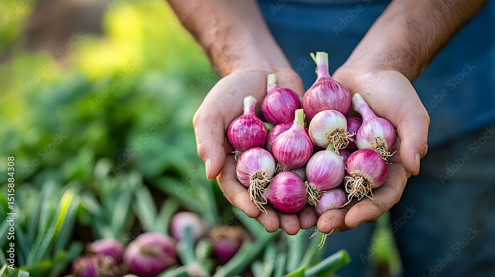 Farmer's Hands Holding Freshly Harvested Red Onions in a Garden Farmer's Hands Holding Freshly Harvested Red Onions in a Garden