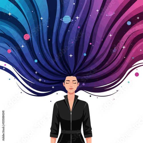 Woman Meditating with Galaxy Hair Stars and Planets Cosmic Concept