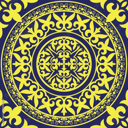 Luxury blue and yellow Oriental seamless square pattern with decorative circular damask ornament, arabesque and floral elements in retro style. Square tile. For ceramic, porcelain, embroidery, laser