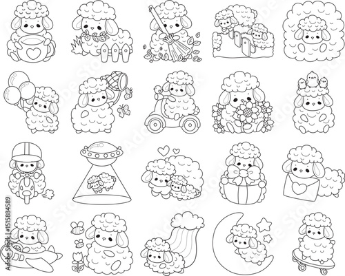 Coloring pages of Baby sheep illustration activites. Funny sheep clip art elements.
