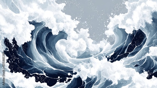 Powerful ocean waves crash and swirl, creating a dynamic and dramatic seascape with foamy water and deep blue hues.