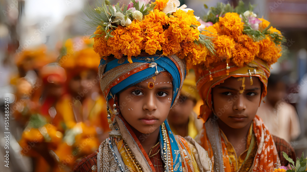 Fototapeta premium A photo of Indian children wearing traditional attire carrying flowers for offerings. AI generated images.