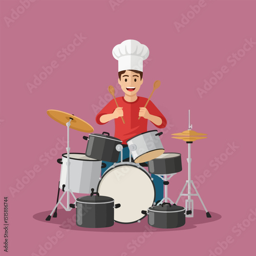 Chef Playing Drum Set Made of Pots with Wooden Spoons