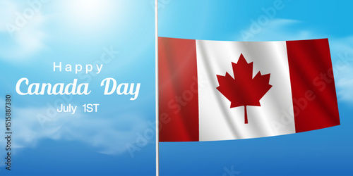 Happy Canada Day. Canada flag, cloud and sun. Great for posters, banners and social media. Blue sky background.