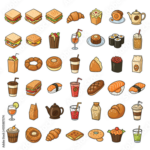 Fast food flat line icons set. Burger, fast snacks, sandwich, French fries, hot dog, Mexican burrito, pizza vector illustrations. Thin signs for restaurant menu.