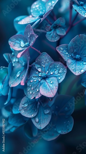 Stunning Blue Hydrangea Blossoms with Dew Drops Close Up Macro