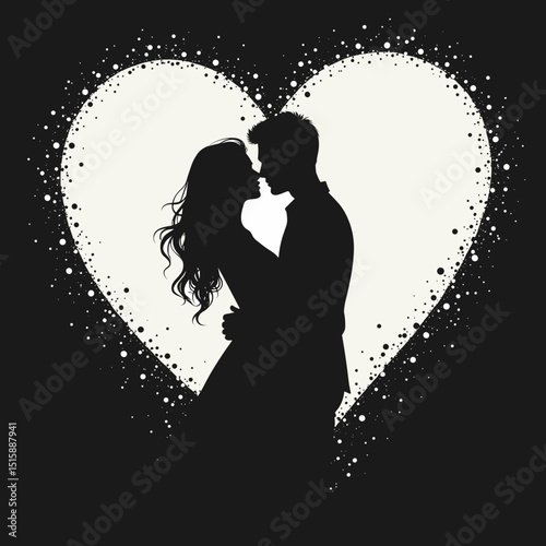 Silhouetted couple embracing in heart backdrop, celebrating love