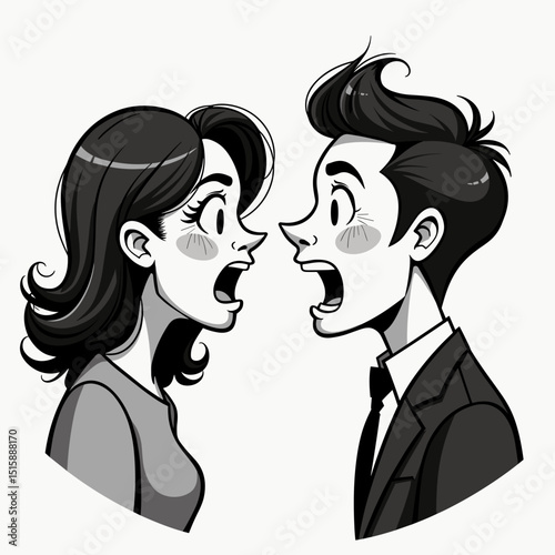 Angry couple shouting in black and white illustration, relationship conflict
