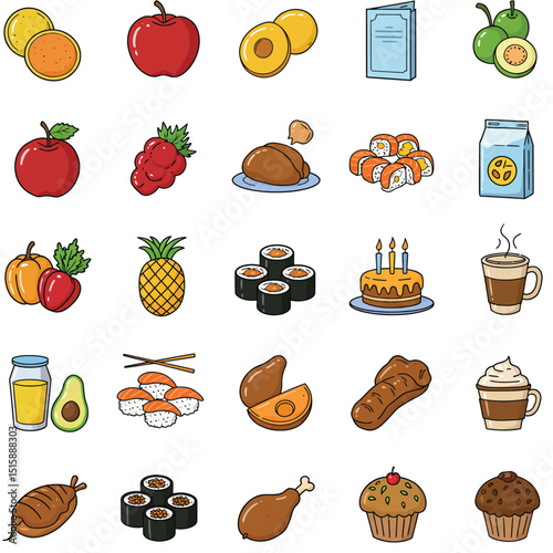 Fast food flat line icons set. Burger, fast snacks, sandwich, French fries, hot dog, Mexican burrito, pizza vector illustrations. Thin signs for restaurant menu.