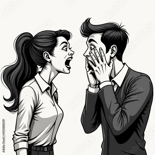 Angry woman yelling at surprised man in black and white illustration, conflict