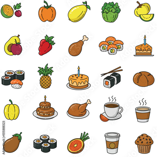 Fast food flat line icons set. Burger, fast snacks, sandwich, French fries, hot dog, Mexican burrito, pizza vector illustrations. Thin signs for restaurant menu.