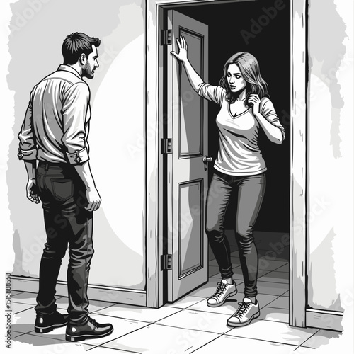 Man and woman sharing tense conversation at an open door, emotional impact