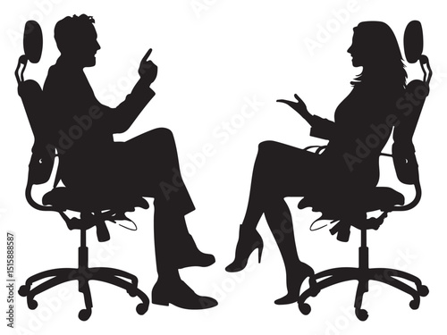 Business Meeting Silhouette Man and Woman Discussing Ideas While Seated in Office Chairs Isolated on White Background silhouette