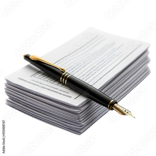 Fountain pen on a stack of documents isolated on transparent background. Sign paper.