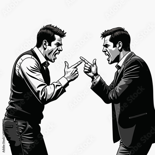 Angry confrontation between two businessmen on a white background, conflict
