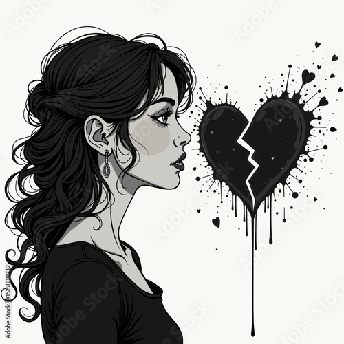 Sorrowful woman with broken heart illustration, emotional expression