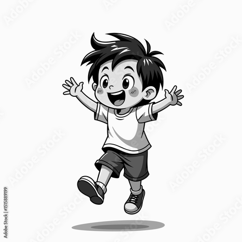 Joyful boy jumping with excitement on plain background, childhood happiness