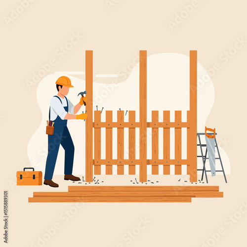 Craftsperson Building Wooden Fence with Hammer and Nails Illustration