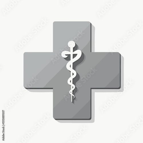 Gray medical cross symbol with caduceus on light background, healthcare representation
