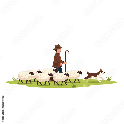 Shepherd Walking with Sheep and Dog on a Green Pasture