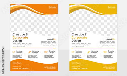 Modern orange and brown flyer design template for coporate business brochure layout and space for photo.