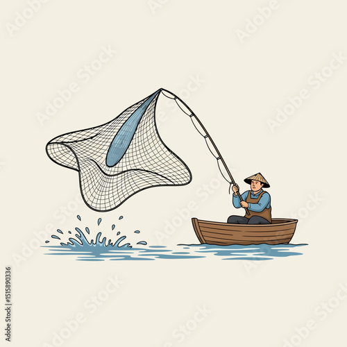 Person Fishing with Net From Boat on Water Illustration