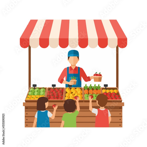 Buying Fresh Fruits at Local Market Stall with Children