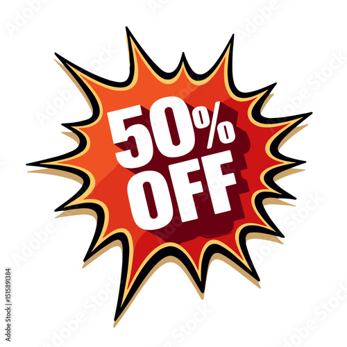 Vibrant starburst graphic announcing 50% Off, promotional urgency