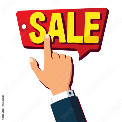 Excited hand clicking sale tag, promotional urgency